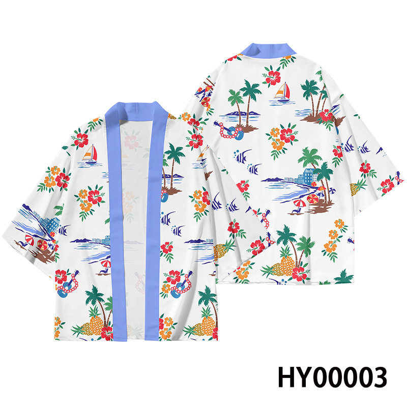 跨境夏威夷风清新印花衬衫和服羽织数码印花男女夏