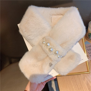 珍珠毛毛围巾女冬季 保暖秋冬仿兔毛围脖交叉毛领 ins学生百搭韩版