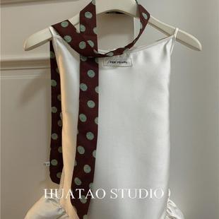 经典 绿色时髦丝带圆点细窄多用小丝巾发带辣妹 波点飘带复古风法式