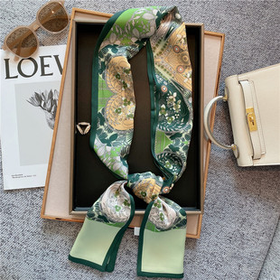 网红长秋季百搭绿色丛林仿真丝丝巾女长条领巾绑包包飘带细窄围巾