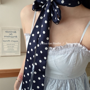 2米复古时髦波点丝巾女春季ins风红色系脖发带细长领巾飘带装饰