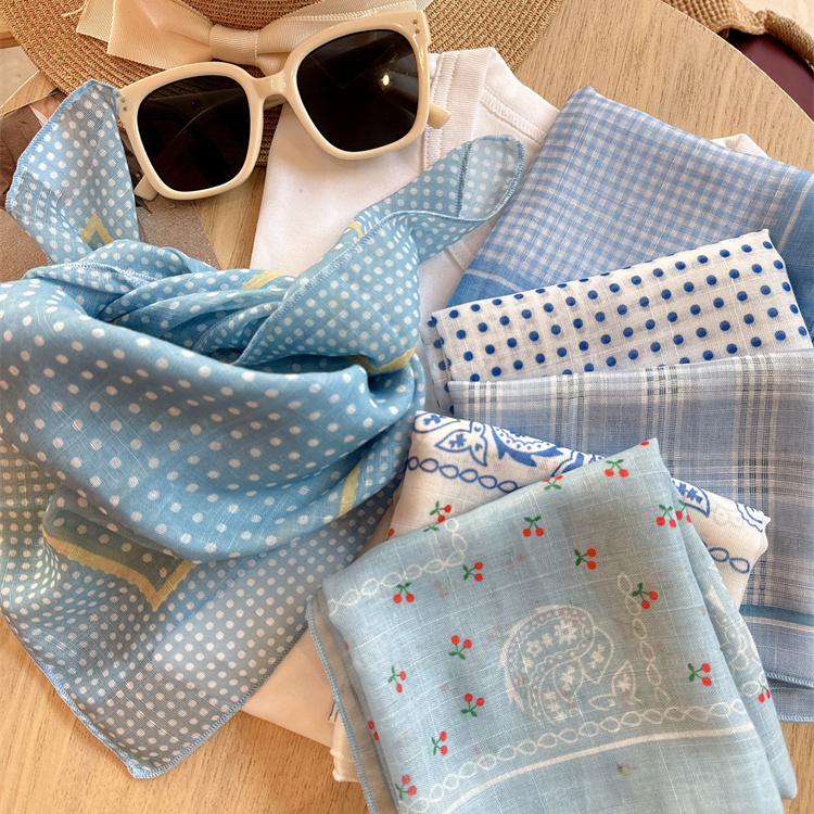 2025新款格子蓝色波点丝巾女韩系薄款系脖领巾复古百搭文艺小方巾