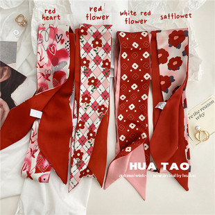 显白番茄红色双面时尚小丝巾女发带夏装饰绑包仿真丝飘带长条领巾
