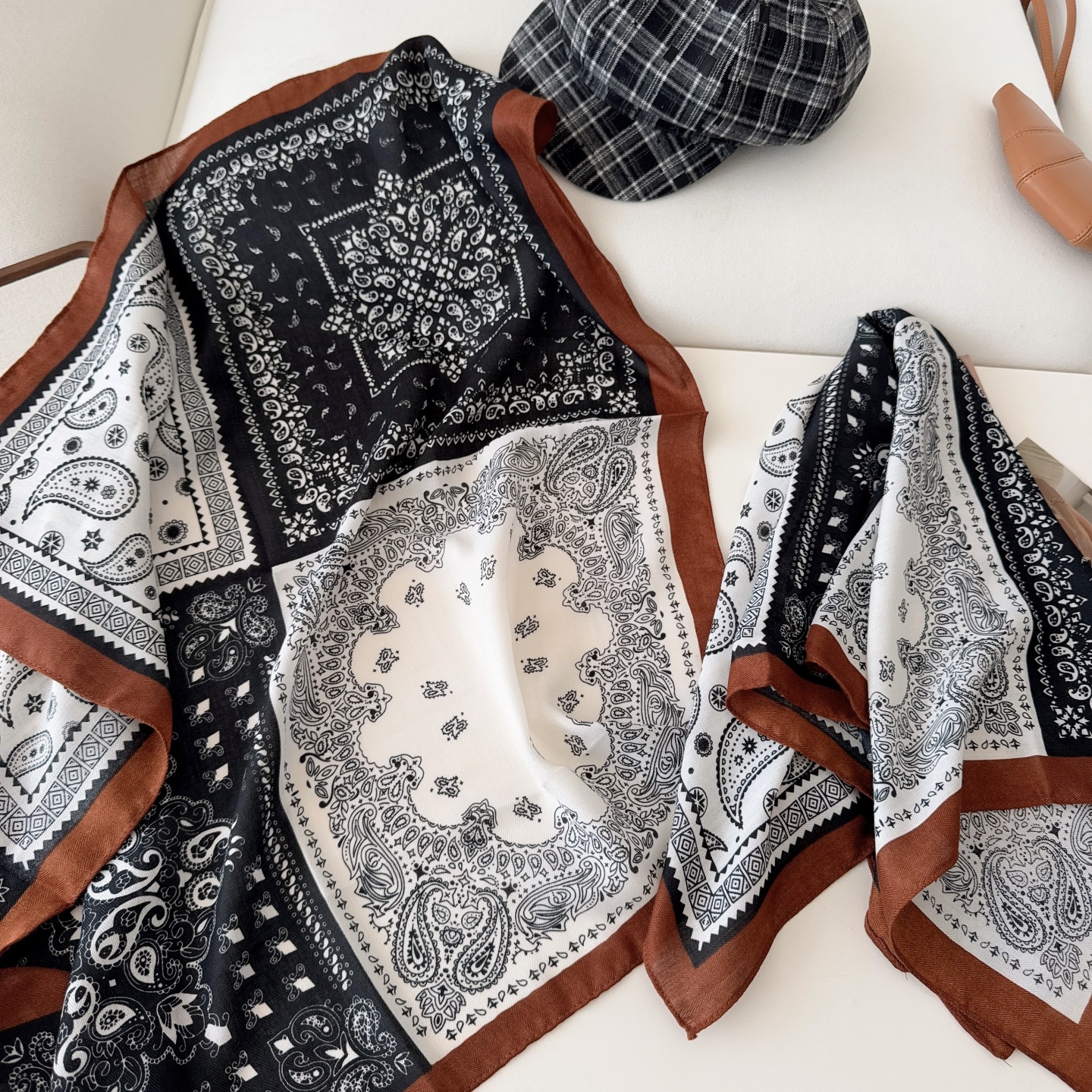 潮范！老钱风黑咖色腰果花腰巾系腰丝巾高级感洋气时尚配衬衫领巾