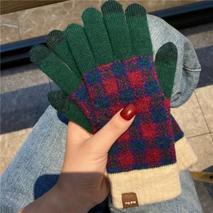 新款 针织加绒开车骑行森女学生 日系撞色格子触屏保暖手套女秋冬季