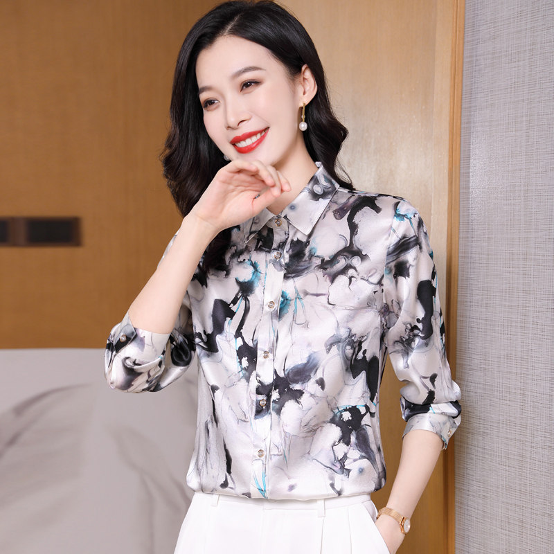 小众设计感真丝衬衫女2023春款新款水墨画印花翻领重磅桑蚕丝上衣