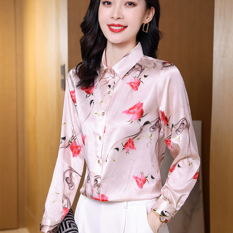 2026早春新款真丝缎面印花衬衫女