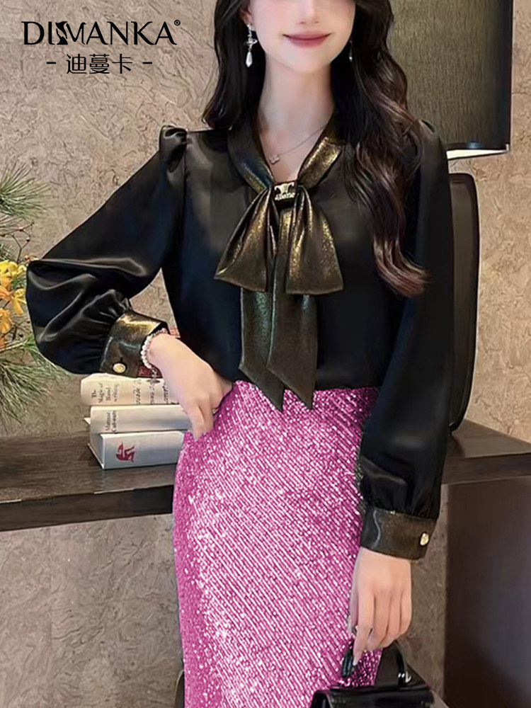 醋酸缎面黑色衬衫女春秋2025