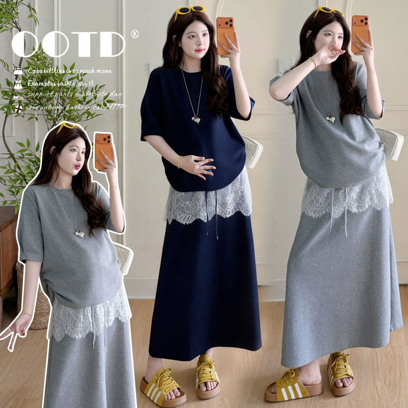 实拍新款 夏季韩版宽松蕾丝拼接休闲卫衣孕妇装两件套