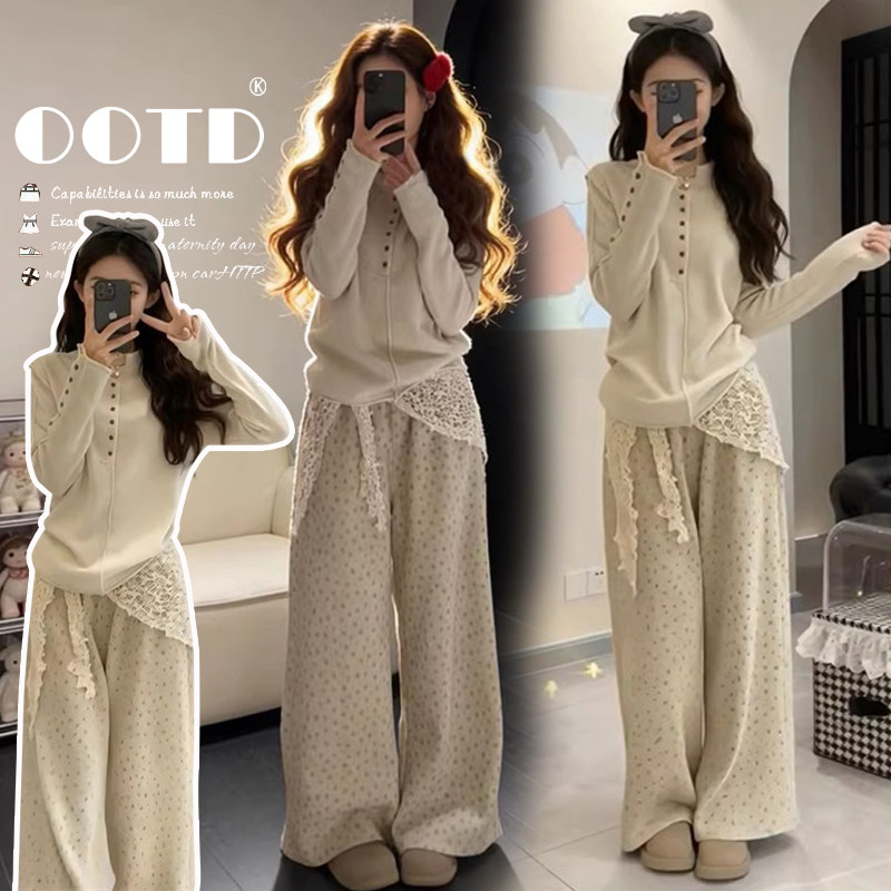 xian货春装新款设计感长袖卫衣上衣碎花阔腿裤休闲孕妇套装