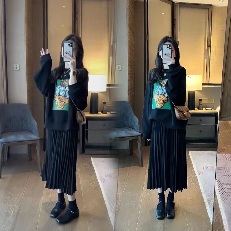 春装新款卡通孕妇卫衣宽松百褶半身裙休闲孕妇两件套装春