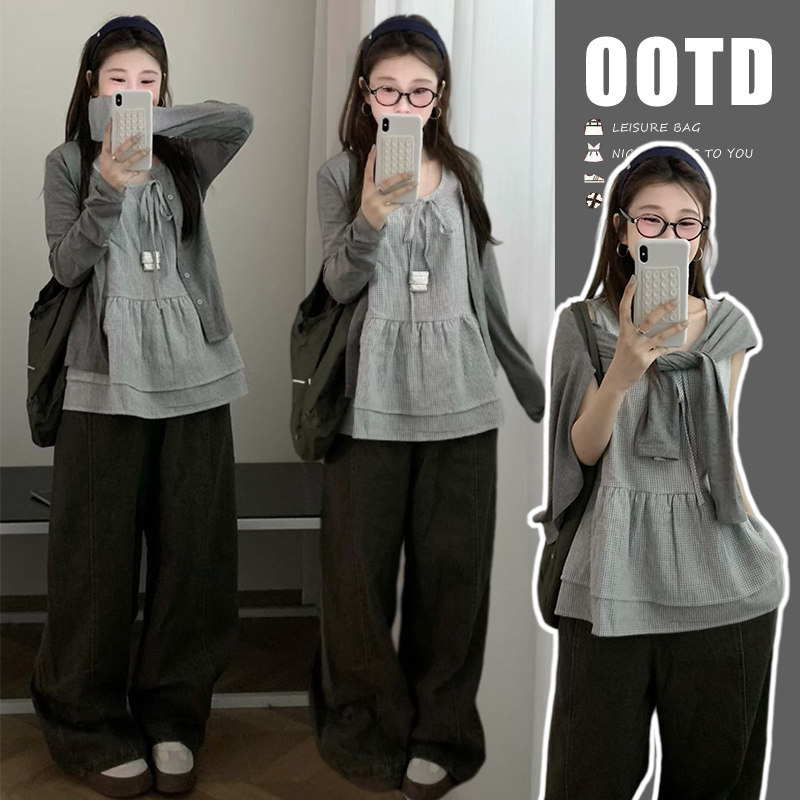 孕妇套装内搭吊带背心长袖宽松衬衫外套长裤背心三件