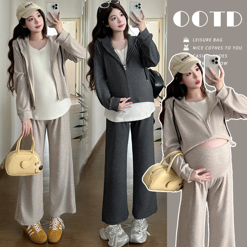 实拍2026孕妇春秋新款连帽假两件外套上衣显瘦大码阔腿裤两件套装