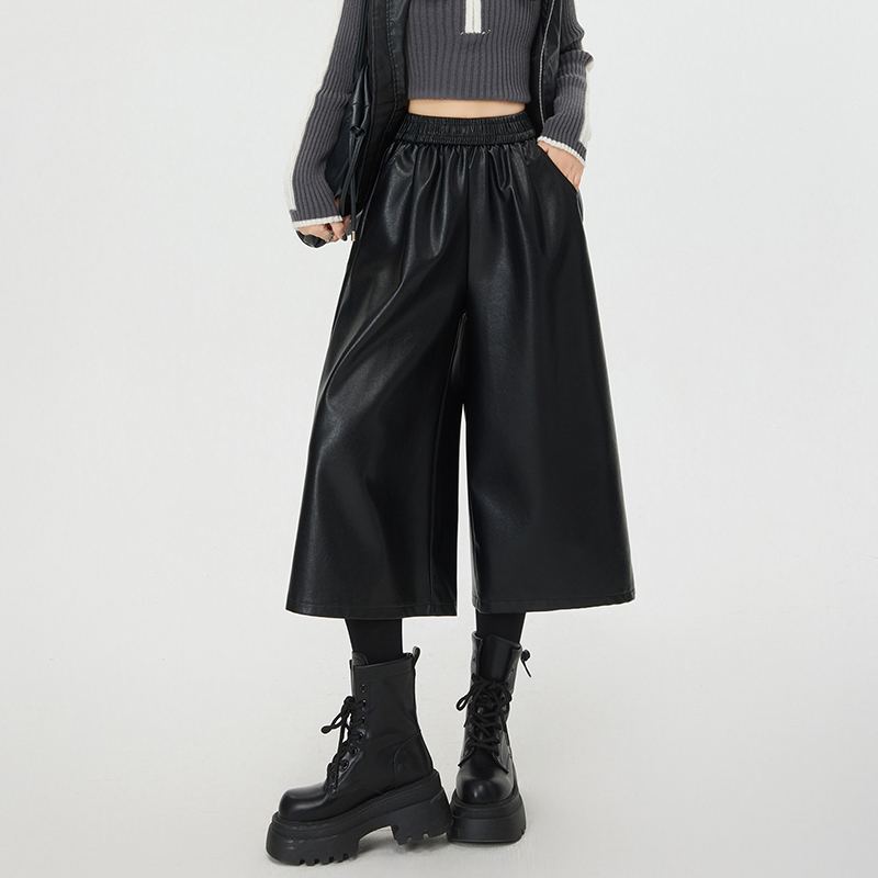 实拍 七分PU皮裤2025新款女款秋冬显瘦宽松阔腿裤小个子直筒中裤