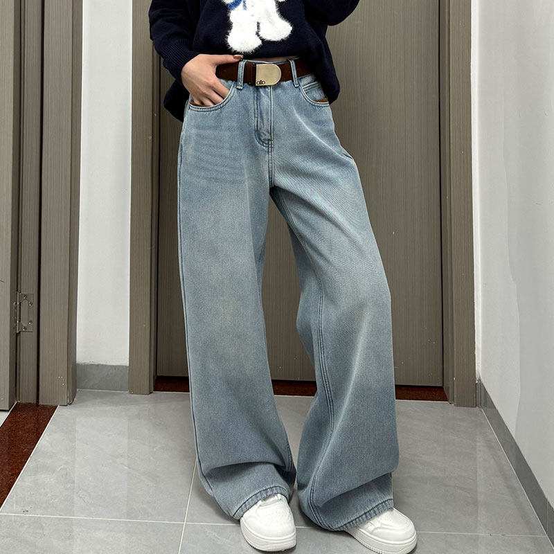 实拍口袋拼接咖色加厚加绒牛仔裤2025冬季新款百搭宽松阔腿裤