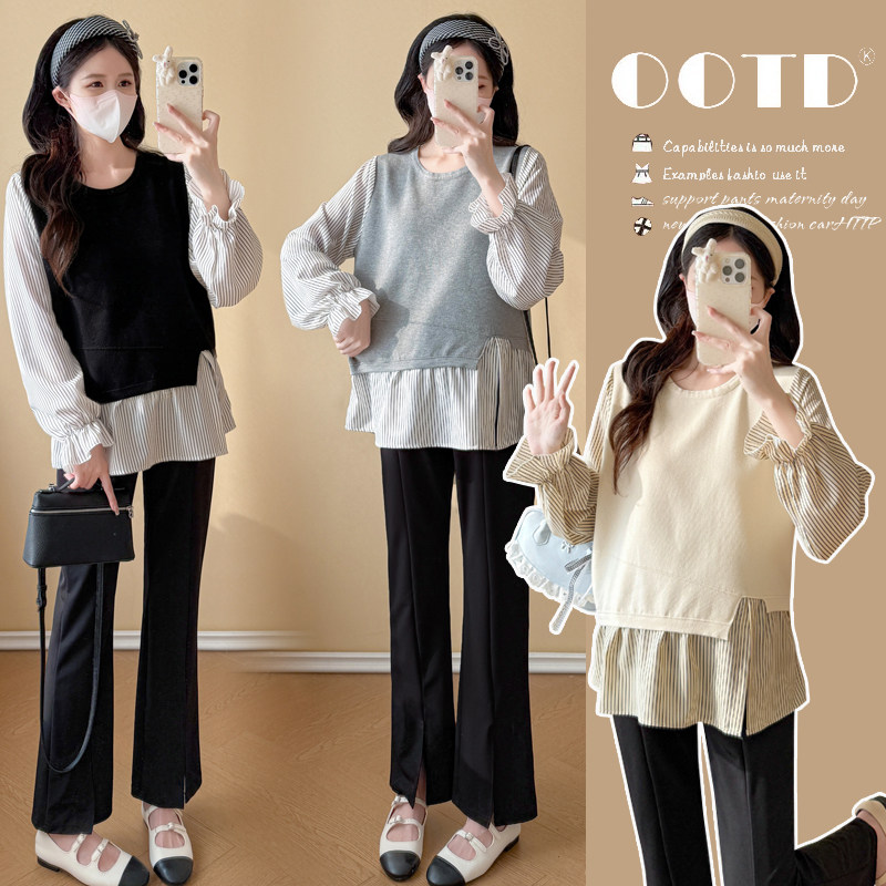 实拍新款2026孕妇春装假两件时尚显瘦宽松长袖减龄上衣百搭两件套