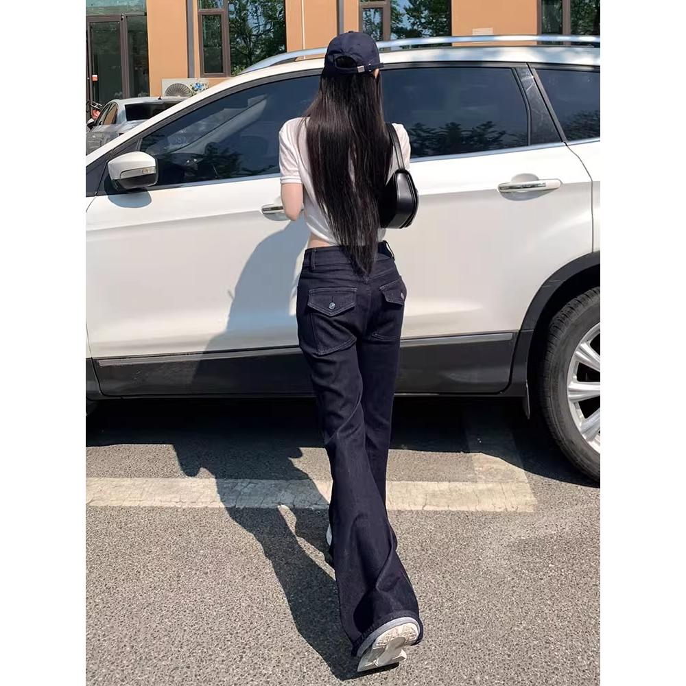 深蓝色莱赛尔天丝微喇牛仔裤女夏薄款2025丹宁高腰弹力显瘦喇叭裤