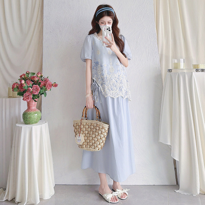 实拍夏季孕妇短袖上衣+裙子两件套装新款宽松大码女装