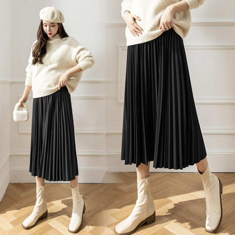 孕妇百褶半身裙秋冬季中长款可调节显瘦纯黑色托腹A字裙子