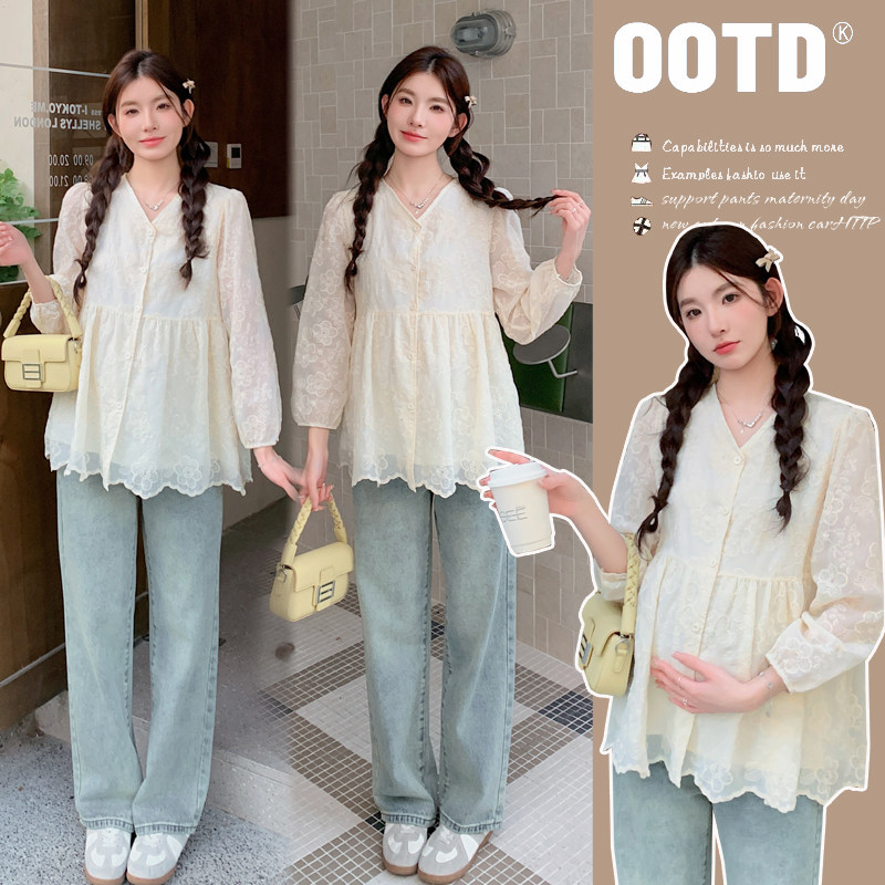 实拍新款2026孕妇春装甜美宽松长袖娃娃衫绣花减龄百搭绣花上衣