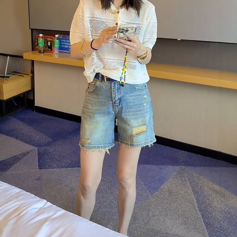 2025新款夏季薄款破洞高腰显瘦牛仔短裤女大码胖mm弹力宽松热裤子