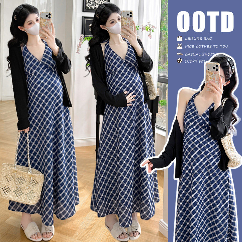 实拍现春夏款新款韩系高级感孕妇装中长款背心连衣裙搭配开衫外套