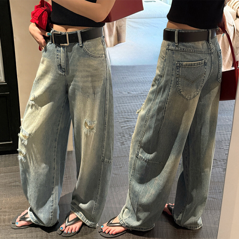 2025新款夏季薄款大码阔腿弯刀牛仔裤女破洞胖mm宽松直筒拖地裤子