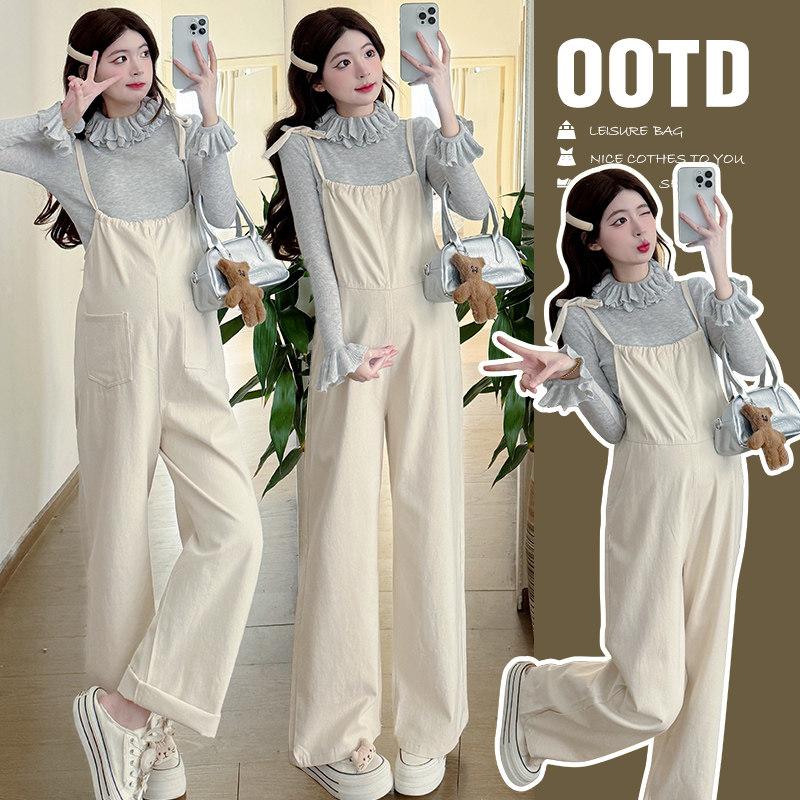 孕妇新款2026春装两件套设计花边领上衣外出背带裤套装