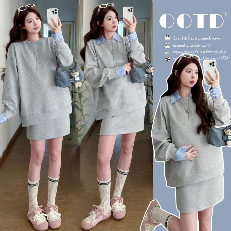 实拍有货 孕妇春装2026新款托腹可调节半身裙+衬衣领卫衣套装
