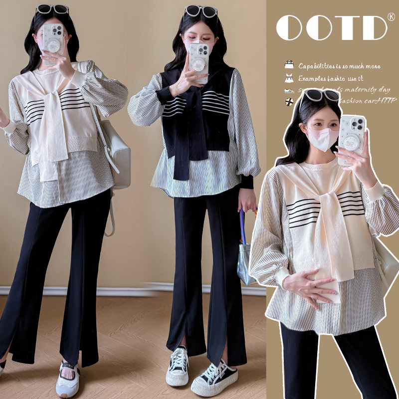 实拍新款2026孕妇装春装宽松上衣拼接假两件披肩衬衫娃娃衫套装