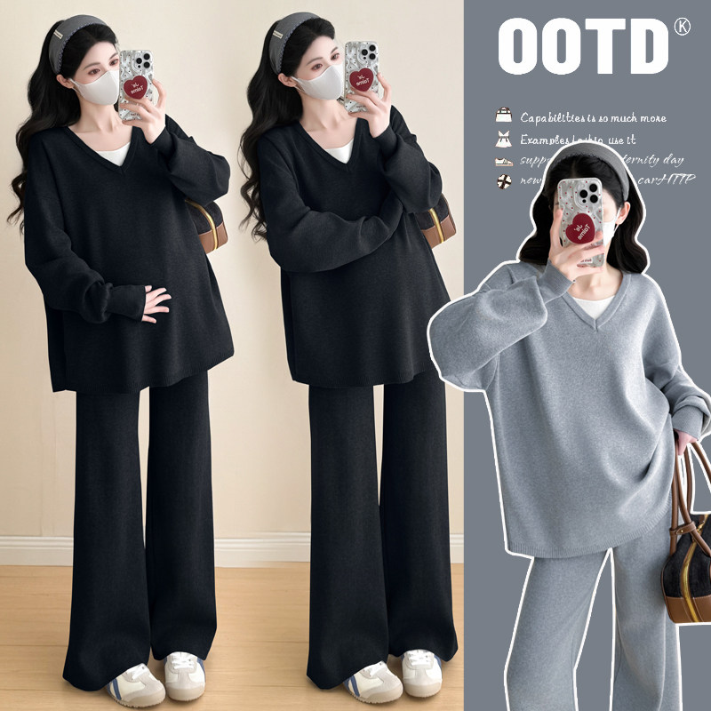 实拍2026早春慵懒风时尚洋气显瘦套装针织毛衣阔腿裤子孕妇两件套