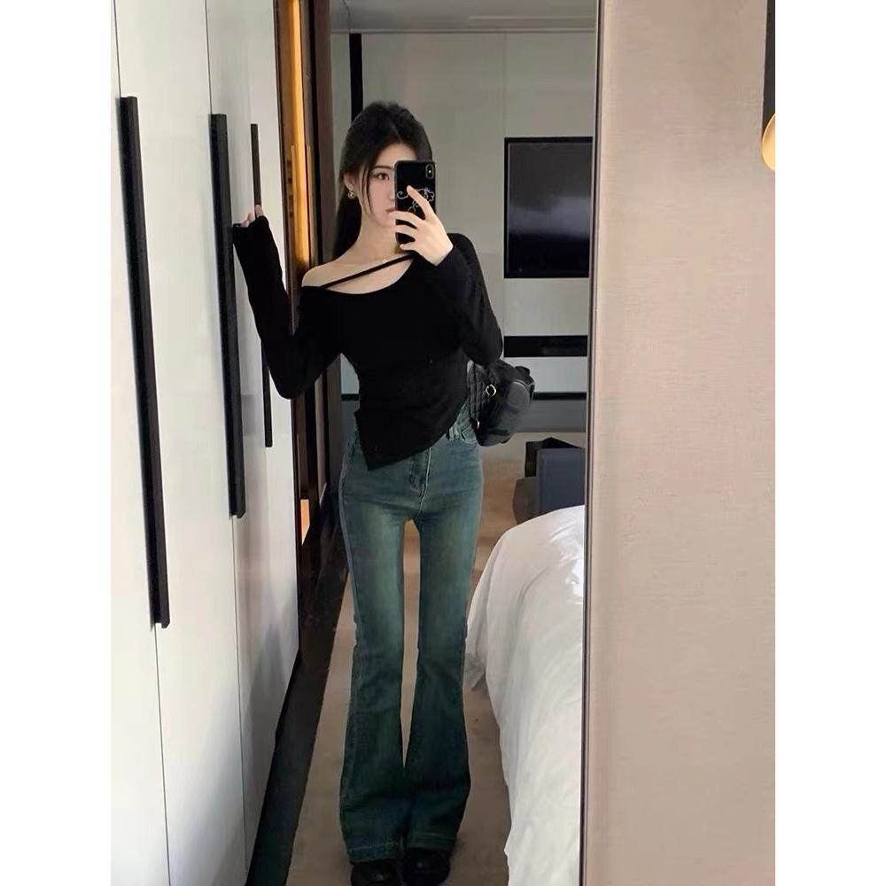 famouswang2025年秋季新款设计感复古喇叭牛仔裤女小个子