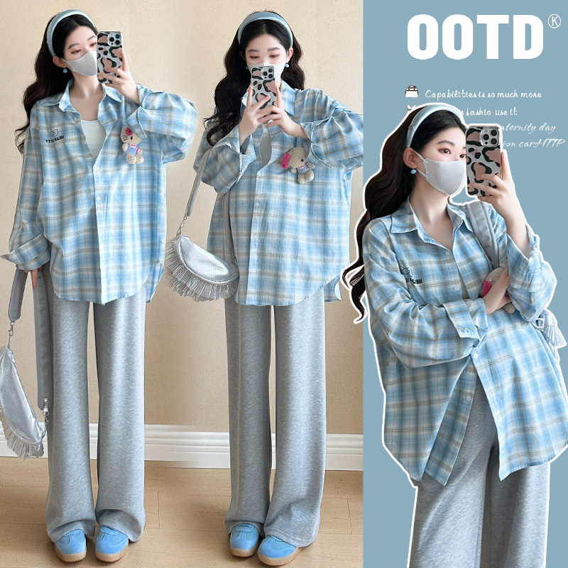 实拍现现孕妇装春季套装时尚款美式宽松新款中长款衬衫上衣
