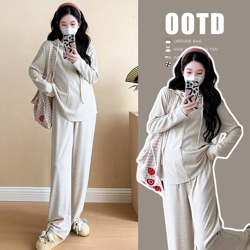 实拍2026 春款上新休闲运动孕妇慵懒风半拉链连帽上衣+休闲裤套装