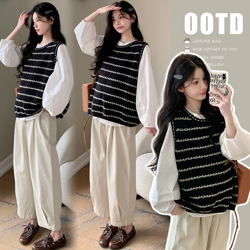 实拍 孕妇春装套装2026年新款潮妈打底衫马甲两件套工装裤套装