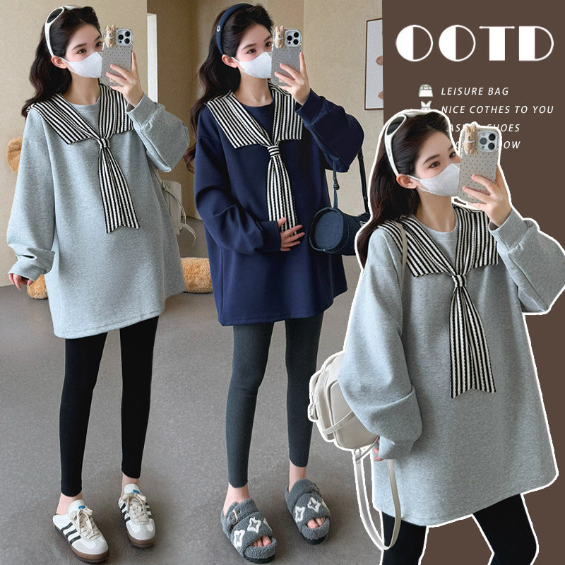 实拍现孕妇春装新款条纹披肩长袖卫衣时尚百搭宽松上衣加绒加厚