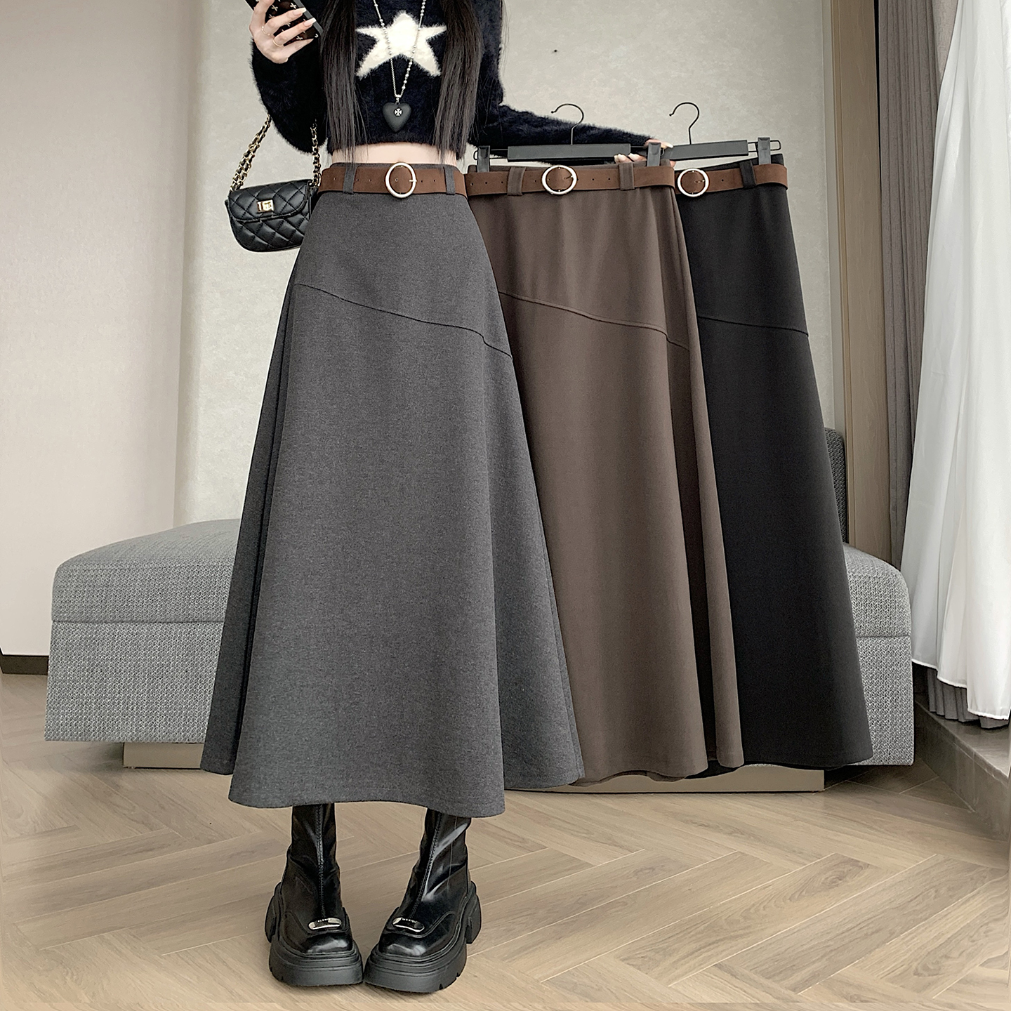 实拍2025秋冬韩版遮胯显瘦中长加厚毛呢a字半身裙大摆伞裙 配腰带