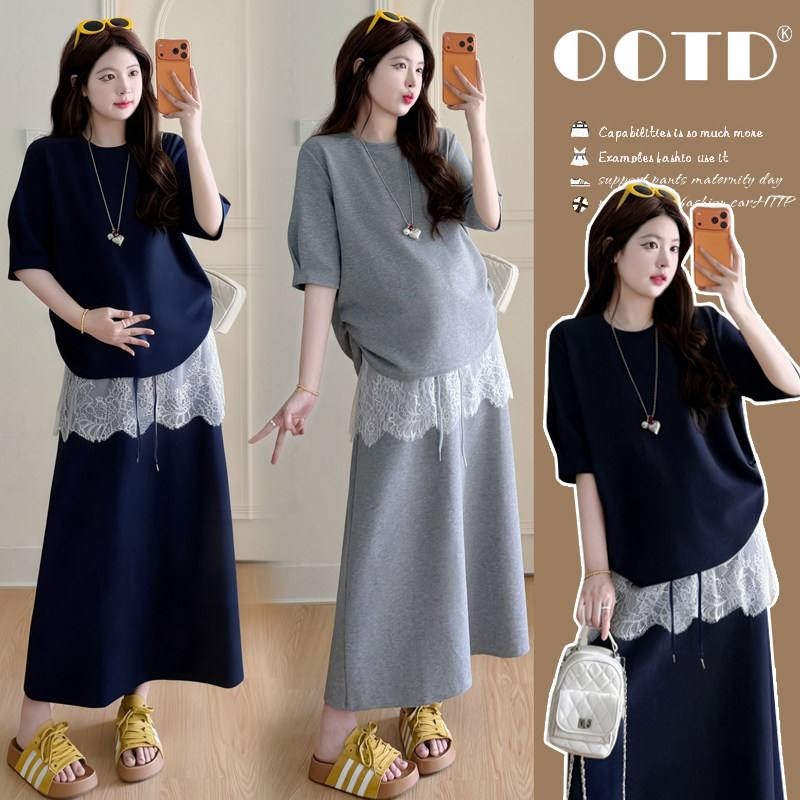 实拍新款 夏季韩版宽松蕾丝拼接休闲卫衣孕妇装两件套