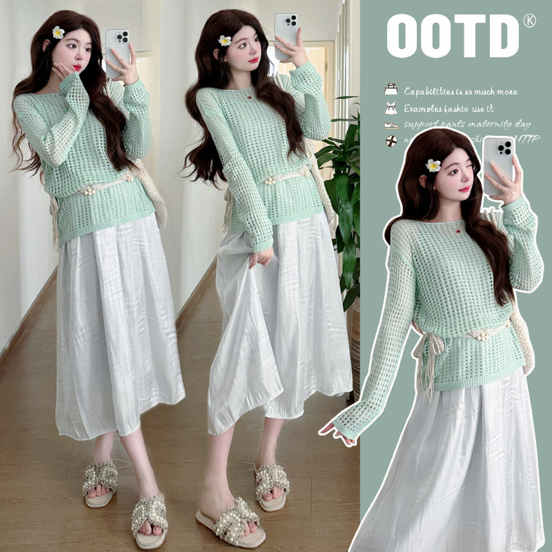 有货 实拍 春夏装新款镂空罩衫拼接中长款孕妇连衣裙夏季孕妇套装