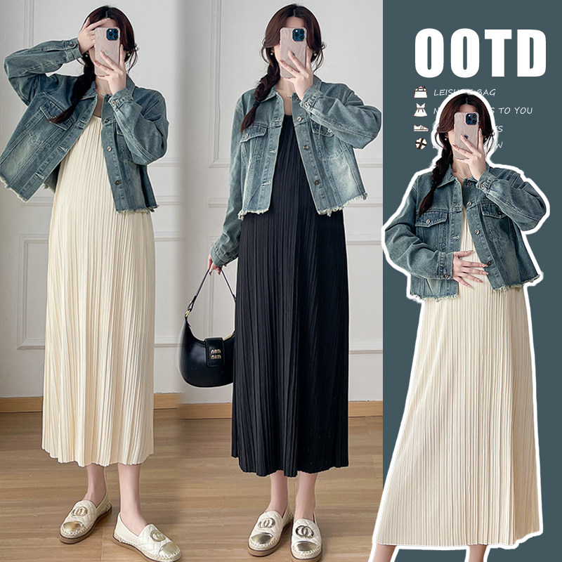 实拍现 2026新款孕妇装春装 压褶吊带裙牛仔外套两件套