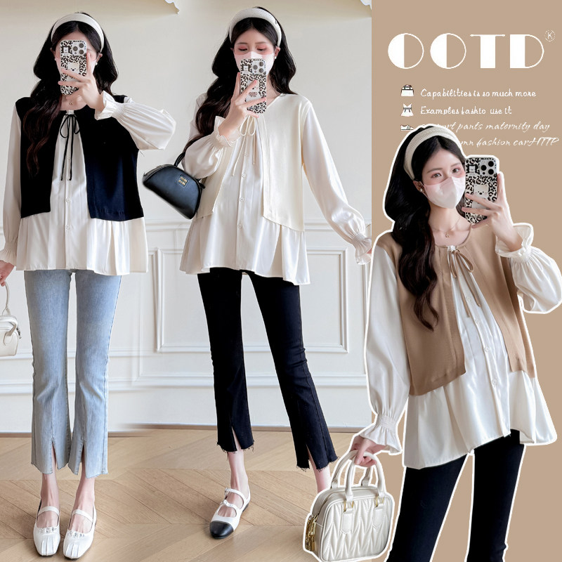 实拍新款2026孕妇装春装宽松上衣拼接设计感假两件衬衫百搭娃娃衫