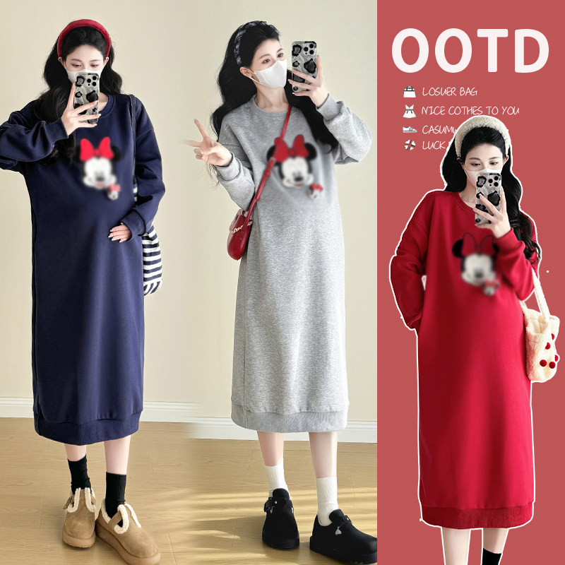 实拍孕妇卫衣早春秋加过膝长款孕晚期宽松卡通胖mm大码长裙
