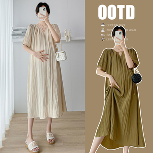 实拍夏季新款法式V领气质连衣裙孕妇宽松大码连衣裙中长款