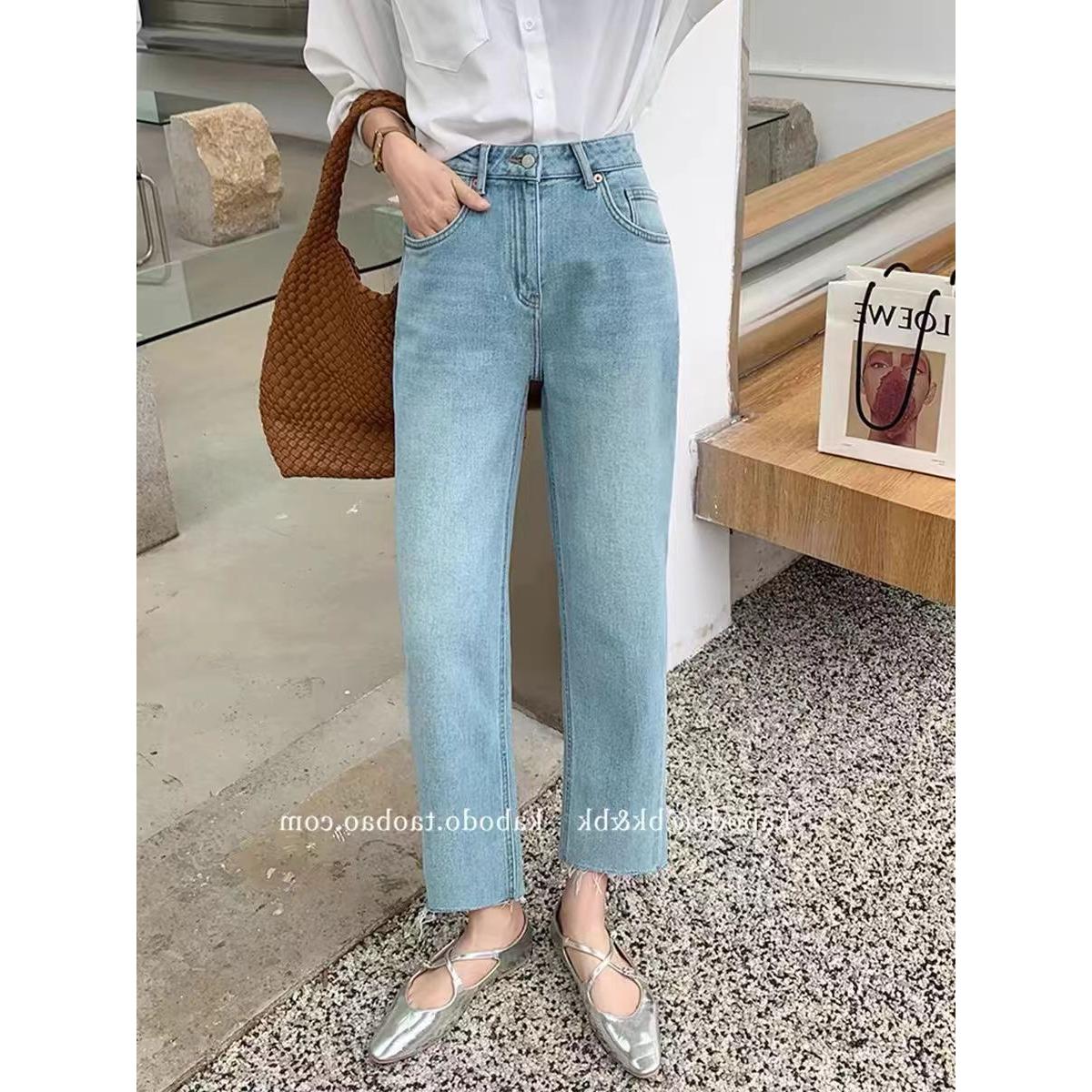 Kabodo牛仔裤女卡布春秋款毛边法棍裤欧货高腰浅蓝色九分裤