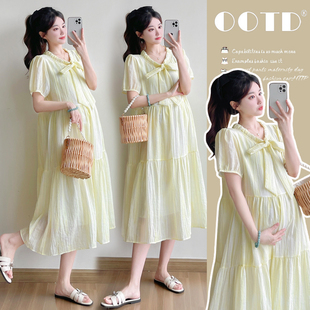实拍新款孕妇装夏季韩版简约时尚宽松显瘦大码连衣裙中长款