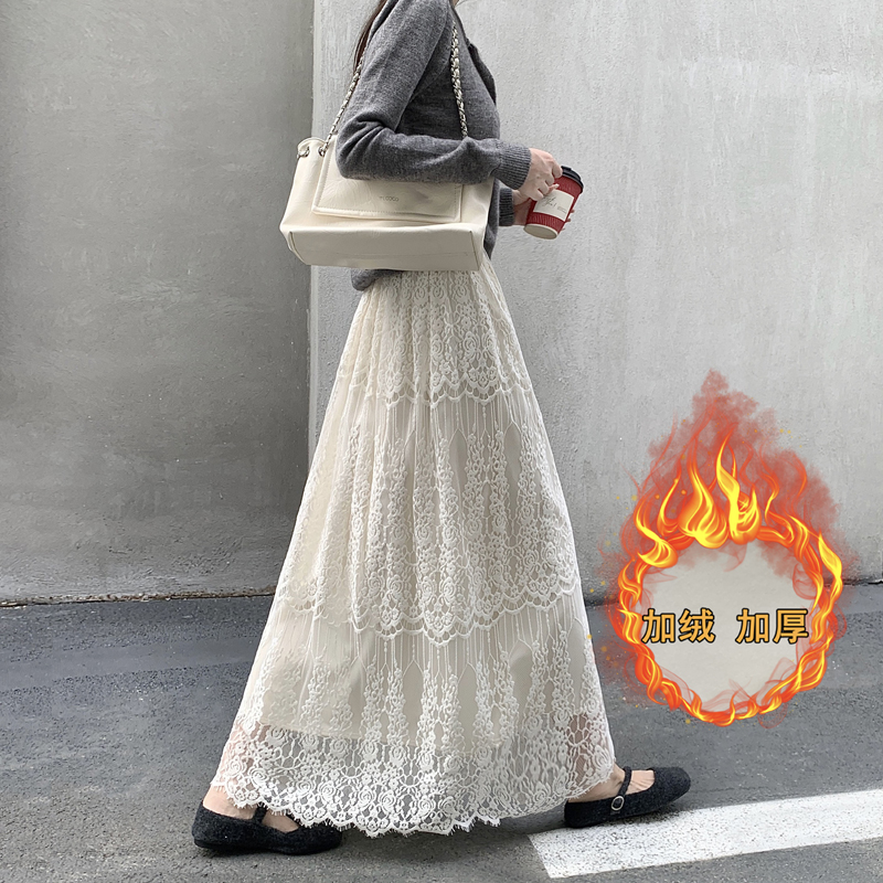 实拍秋冬新款高级感气质蕾丝半身裙女加绒加厚直筒裙高腰中长裙子