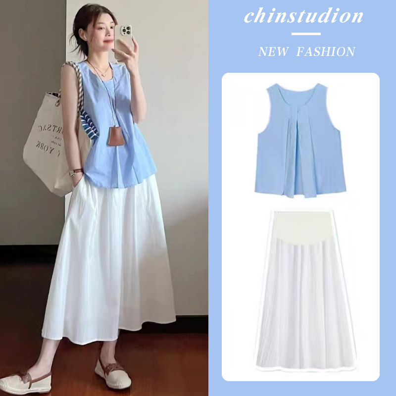 现孕妇韩系温柔风套装女夏季甜美蓝色无袖背心上衣半身裙两件套