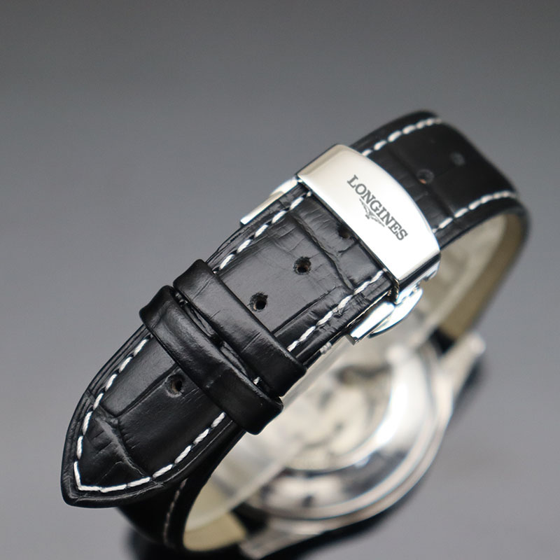 适配浪琴真皮手表带适配名匠八珍月相康卡斯系列蝴蝶扣表链21mm