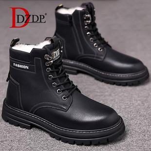 高帮休闲保暖棉鞋 马丁靴男款 皮面羊毛加绒雪地靴男士 新款 2024冬季