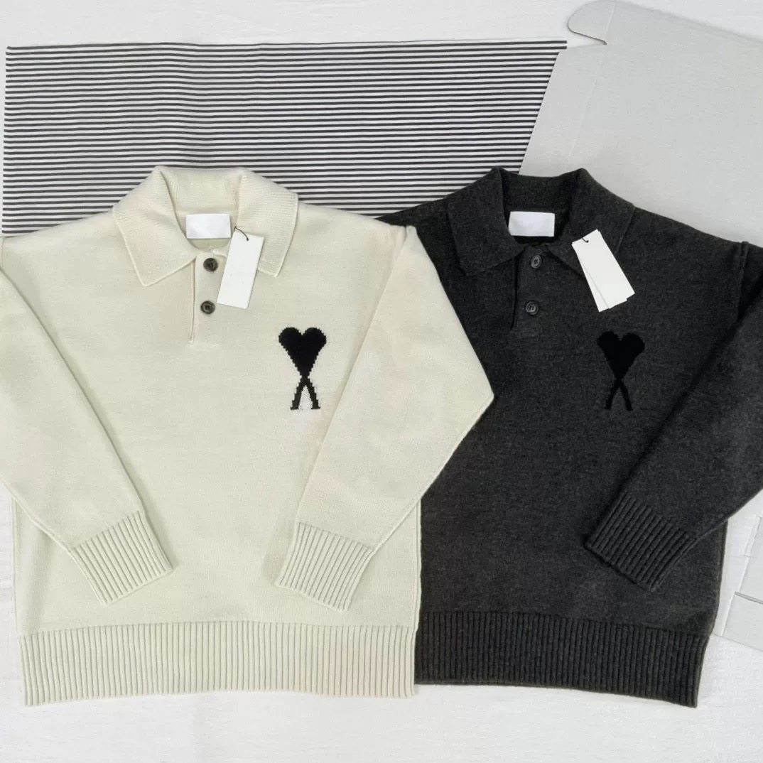 24秋冬新款AMI爱心刺绣翻领针织衫男女情侣同款polo领毛衣